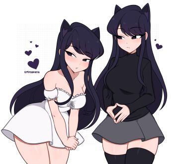 1girl animal_ears artist_name black_eyes black_hair black_shirt black_thighhighs blush breasts cat_ears cowboy_shot cremanata dress grey_skirt heart highres komi-san_wa_komyushou_desu komi_shouko long_hair looking_at_viewer medium_breasts multiple_views shirt simple_background skirt strapless strapless_dress thighhighs watermark white_background white_dress zettai_ryouiki