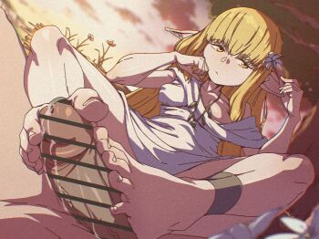 1boy 1girl animated animated_gif bar_censor barefoot blonde_hair censored covered_erect_nipples cum ejaculation erection feet flower footjob funen_gomi_m hetero long_hair parted_lips penis pointy_ears post_orgasm_torture serie_(sousou_no_frieren) smile smirk sousou_no_frieren tagme toes two-footed_footjob yellow_eyes