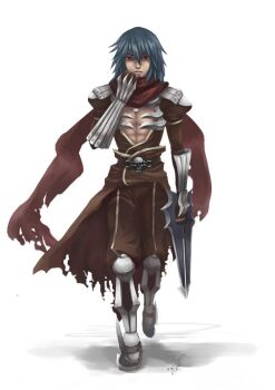 1boy armor armored_boots assassin_cross_(ragnarok_online) blue_hair boots brown_cape brown_pants brown_shirt cape commentary_request dagger eremes_guile expressionless full_body hair_between_eyes holding holding_dagger holding_knife holding_weapon jamadhar knife long_bangs long_hair looking_at_viewer male_focus open_mouth pants pauldrons ragnarok_online red_eyes red_scarf scarf shirt shoulder_armor simple_background sixc skull solo torn_cape torn_clothes torn_scarf vambraces waist_cape walking weapon white_background