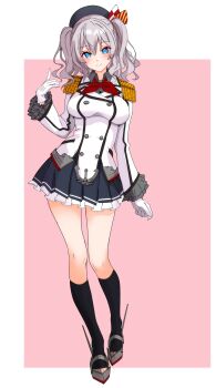 1girl absurdres beret black_socks blue_eyes blush breasts epaulettes frilled_sleeves frills full_body gloves grey_hair grey_shoes hat highres jacket kantai_collection kashima_(kancolle) large_breasts long_hair long_sleeves looking_at_viewer military military_jacket military_uniform neckerchief nitamako_(sakamalh) pink_background pleated_skirt red_neckerchief shoes skirt smile socks solo twintails wavy_hair white_background white_gloves