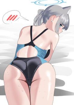 1girl absurdres all_fours animal_ear_fluff animal_ears ass ass_focus black_one-piece_swimsuit blue_archive blue_eyes blush competition_swimsuit covered_navel cross_hair_ornament extra_ears from_behind grey_hair hair_ornament halo highleg highleg_one-piece_swimsuit highres kinsei_(kinsei_kin) looking_at_viewer looking_back low_ponytail medium_hair mismatched_pupils multicolored_swimsuit one-piece_swimsuit ponytail shiroko_(blue_archive) shiroko_(swimsuit)_(blue_archive) solo spoken_blush swimsuit thigh_gap thighs wolf_ears