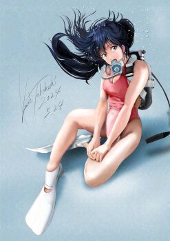 1girl air_bubble ayukawa_madoka blue_hair breasts bubble cleavage commentary covered_navel dated flippers full_body green_eyes highres kazuki_(aquariumseen) kimagure_orange_road long_hair looking_at_viewer one-piece_swimsuit rebreather red_one-piece_swimsuit scuba scuba_gear scuba_tank signature solo swimsuit underwater