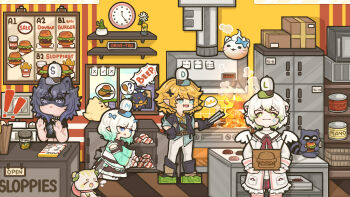 bandana baseball_cap bow box burger burger_king_foot_lettuce_(meme) burning car choker coat collar crop_top doki_amber_doge_(dokibird) dokibird dokibird_(bounty_hunter) dragoon_(dokibird) drive-thru eating employee_uniform english_text fast_food fast_food_uniform fire food frills hair_bow hair_ornament hat highres hitominty holding holding_box holding_tongs indie_virtual_youtuber jacket ketchup kitchen laimu_(vtuber) laimu_(winter)_(vtuber) limon_(laimu) maid mayonnaise meme mini_wings mint_fantome mint_fantome_(minto_2.0) motor_vehicle multiple_hair_bows plaid_clothes plaid_skirt raccoon ribbon skirt snuffy_(vtuber) speech_bubble spiked_collar spikes stove sweater thighhighs tongs turtleneck turtleneck_sweater vinesauce virtual_youtuber window wings wisps_(mint_fantome) x_hair_ornament