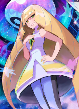 Rule 34 | 1girl, absurdres, bare shoulders, black leggings, blonde hair, breasts, commentary, diamond (shape), dress, gem, green eyes, green gemstone, hair over one eye, highres, leggings, long hair, looking at viewer, lusamine (pokemon), mature female, medium breasts, nintendo, open mouth, pokemon, pokemon sm, sleeveless, sleeveless dress, smile, solo, spyg, teeth, two-tone leggings, two-tone legwear, very long hair, white dress, white leggings