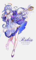 Rule 34 | 1girl, absurdres, aqua eyes, character name, commentary, detached sleeves, dress, english commentary, floating hair, full body, gloves, hair between eyes, halo, head wings, high heels, highres, honkai: star rail, honkai (series), long hair, looking at viewer, naengbi1008, open mouth, purple dress, purple footwear, purple hair, robin (honkai: star rail), short sleeves, simple background, smile, solo, twitter username, two-tone dress, white dress, white gloves, white wings, wings