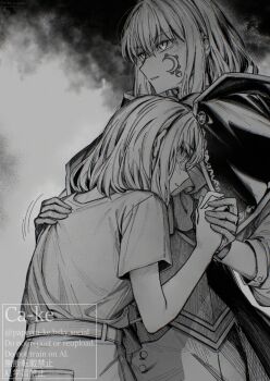 Rule 34 | 2girls, aver (yumenokessho), bang dream!, bang dream! it's mygo!!!!!, cape, commentary, doloris (bang dream!), dual persona, earrings, facial mark, gloves, height difference, holding hands, jewelry, misumi uika, multiple girls, paperca-ke, short sleeves, sidelocks, watermark, yumenokessho