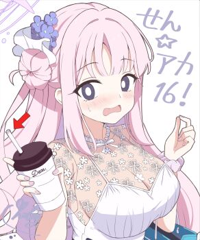 Rule 34 | 1girl, blue archive, blue eyes, blue flower, blush, breasts, cleavage, cup, dress, drinking glass, drinking straw, english text, flower, hair bun, hair flower, hair ornament, halo, happy birthday, highres, holding, holding cup, holy-san (makuu), large breasts, long hair, mika (blue archive), o o, open mouth, pink hair, pink halo, pink nails, see-through clothes, sidelocks, single hair bun, solo, white dress