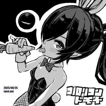 1girl animal_ears backbeako_(torotei) backbeard black_background blush bow bowtie breasts carrot commentary_request dated dated_commentary detached_collar fake_animal_ears fake_tail fishnet_pantyhose fishnets from_side gegege_no_kitarou greyscale hair_over_one_eye holding holding_carrot kono_lolicon_domome leotard long_hair looking_at_viewer monochrome original paid_reward_available pantyhose playboy_bunny pointy_ears rabbit_ears rabbit_tail sexually_suggestive simple_background small_breasts solo strapless strapless_leotard tail torotei translated twintails two-tone_background watermark web_address white_background wrist_cuffs
