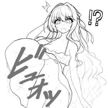 Rule 34 | !?, 1girl, ^^^, absurdres, breasts, censored, censored by text, commentary request, dress, frilled dress, frills, grey eyes, hair ribbon, highres, kantai collection, kinakomochi (testament05), medium breasts, mizuho (kancolle), mizuho (kure) (kancolle), monochrome, no panties, official alternate costume, ribbon, solo, standing, sundress