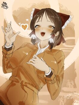 1girl alternate_costume blush bow brown_eyes brown_hair coat commentary hair_tubes hakurei_reimu hand_on_own_chest hand_up highres looking_at_viewer medium_hair open_mouth orange_coat qvikingr red_bow shirt signature smile solo symbol-only_commentary teeth touhou twitter_username upper_body upper_teeth_only white_shirt
