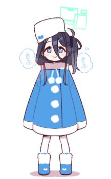 1girl alternate_costume aqua_halo aris_(blue_archive) black_hair black_hairband blue_archive blue_boots blue_coat blue_eyes blush boots breath closed_mouth coat commentary_request full_body fur-trimmed_boots fur-trimmed_coat fur_hat fur_trim hair_between_eyes hairband halo hat highres long_hair long_hair_between_eyes long_sleeves looking_at_viewer one_side_up rectangular_halo ringed_eyes simple_background smile solo standing tilted_headwear white_background white_hat winter_clothes yoru_nai