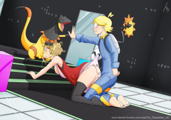 1girl 2boys ass bestiality black_thighhighs blonde_hair breasts clemont_(pokemon) cum cum_in_mouth cum_in_pussy defeat eiffel_towering electricity electrocution fellatio gang_rape gen_6_pokemon glasses gym_leader heliolisk helpless high_five irrumatio lizard multiple_boys nintendo oo_sebastian_oo oral pain penis pokemon pokemon_(anime) pokemon_(creature) pokemon_xy_(anime) pokephilia rape serena_(pokemon) signature spitroast teamwork thighhighs watermark web_address wide-eyed