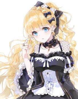 Rule 34 | 1girl, absurdres, black bow, black dress, blonde hair, blue eyes, bow, breasts, center frills, chinese commentary, choker, cleavage, commentary request, dress, earrings, fightfish, frilled choker, frilled dress, frilled sleeves, frills, hair bow, hand up, highres, jewelry, large breasts, long hair, long sleeves, looking at viewer, mahou shoujo no majo saiban, one side up, parted lips, ring, saeki miria, simple background, solo, upper body, wavy hair, white background