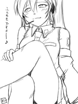 1girl crossed_legs detached_sleeves female_focus greyscale hatsune_miku headset kit kit_(studio) long_hair monochrome necktie sitting sketch solo translated vocaloid