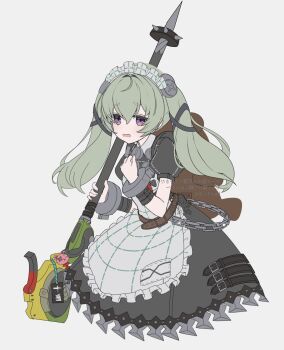 1girl animal_bag apron bear_bag belt black_dress brown_belt circular_saw commentary_request corin_wickes cuffs dress green_hair hairband highres holding_saw long_hair maid maid_apron maid_headdress merry-san metal_hairband puffy_short_sleeves puffy_sleeves purple_eyes saw screw_hair_ornament short_sleeves twintails white_apron zenless_zone_zero