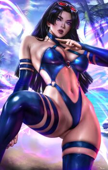 1girl absurdres arm_strap bare_shoulders black_hair blue_nails blue_one-piece_swimsuit breasts bug butterfly collarbone earrings elbow_gloves eyewear_on_head gloves highres hoop_earrings insect jewelry large_breasts lips logan_cure long_hair looking_at_viewer marvel marvel_rivals navel o-ring o-ring_swimsuit ocean one-piece_swimsuit palm_tree psylocke purple_eyes red-tinted_eyewear solo swimsuit thigh_strap thighhighs tinted_eyewear tree wet x-men