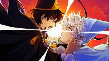 2boys bear black_cloak black_hair black_hat cloak commentary conical_hat dusk english_commentary facial_hair from_side hand_on_another&#039;s_head hat highres looking_at_another male_focus multiple_boys mustache olruggio_(tongari_boushi_no_atelier) orange_sky profile qifrey_(tongari_boushi_no_atelier) round_eyewear sky tongari_boushi_no_atelier upper_body white_cloak white_hair white_hat yaoi zukarinkani