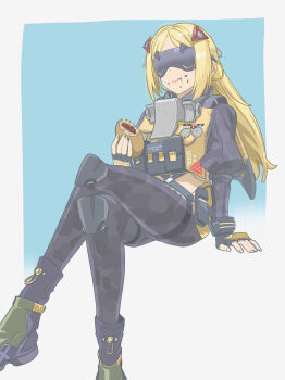 1girl absurdres black_gloves black_pants blindfold_mask blonde_hair breasts camouflage commentary_request covered_eyes fingerless_gloves food gloves gnggnggng268131 hair_ornament highres holding jacket large_breasts long_hair mask navel open_mouth pants ponytail smile solo trigger_(zenless_zone_zero) zenless_zone_zero