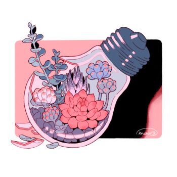 Rule 34 | 03moonmoonmoon, absurdres, border, broken, commentary, english commentary, flower, highres, light bulb, no humans, object focus, original, outside border, pebble, pink background, plant, plant focus, red flower, shadow, signature, simple background, still life, terrarium, white border