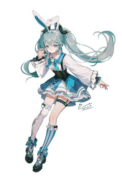 1girl absurdres animal_ear_hairband animal_ears asymmetrical_legwear black_ribbon black_shoes blue_eyes blue_hair blue_skirt blue_socks chinese_commentary collared_shirt commentary_request dated fake_animal_ears full_body hair_ribbon hairband hand_up hatsune_miku highres long_hair long_sleeves looking_at_viewer memory_mie mismatched_legwear open_mouth rabbit_ear_hairband rabbit_ears ribbon shirt shoes signature simple_background single_sock single_thighhigh skirt socks solo standing striped_clothes striped_socks suspender_skirt suspenders thighhighs twintails uneven_legwear vocaloid white_background white_hairband white_shirt white_thighhighs