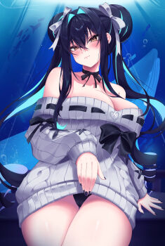1girl absurdres aqua_hair black_nails chu.n colored_inner_hair double_bun dress goddess_of_victory:_nikke grey_sweater hair_bun hair_intakes highres liquid_clothes little_mermaid_(beautiful_bubble)_(nikke) little_mermaid_(nikke) multicolored_hair off-shoulder_sweater off_shoulder official_alternate_hairstyle ribbed_dress shiny_eyes sweater sweater_dress
