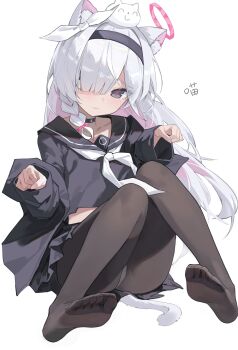 1girl absurdres animal_ear_fluff animal_ears black_choker black_coat black_eyes black_hairband black_pantyhose black_sailor_collar black_serafuku black_shirt black_skirt blue_archive blush braid cat_ears cat_girl cat_tail choker coat collarbone colored_inner_hair crying crying_with_eyes_open dot_nose embarrassed fang5hine feet full_body hair_between_eyes hair_over_one_eye hair_ribbon hairband halo hands_up highres kemonomimi_mode knees_together_feet_apart knees_up legs loli long_hair long_sleeves looking_at_viewer multicolored_hair neckerchief no_shoes one_eye_covered open_clothes open_coat panties panties_under_pantyhose pantyhose paw_pose pink_hair plana_(blue_archive) pleated_skirt red_halo red_pupils ribbon sailor_collar school_uniform serafuku shirt simple_background single_braid sitting skirt solo split_mouth tail tears thighs toes underwear very_long_hair white_background white_hair white_neckerchief white_panties white_ribbon