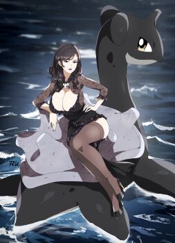 1girl absurdres alternate_color anklet artist_logo artist_name black_dress black_hair black_shoes breasts brown_thighhighs cleavage closed_mouth commentary commission dress english_commentary eyeshadow feather-trimmed_dress full_body gen_1_pokemon hand_on_own_hip high_heels highres horns jewelry lapras large_breasts legs lipstick logo long_hair looking_at_viewer makeup nail_polish nintendo on_water original pokemon pokemon_(creature) purple_eyes purple_eyeshadow purple_lips purple_nails r3dfive shell shoes single_horn sitting smile solo thighhighs vgen_commission water