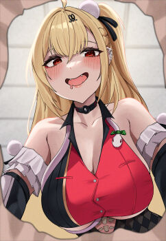 Rule 34 | 1girl, absurdres, ahoge, bag, bare shoulders, blonde hair, blush, breasts, chalky (zenless zone zero), cissia (zenless zone zero), commentary, detached sleeves, english commentary, fangs, hair between eyes, hair ornament, highres, large breasts, long hair, open mouth, paper bag, pom pom (clothes), pom pom hair ornament, pynkmouth, red eyes, saliva, shock collar, snake, snake girl, solo, underboob, white snake, zenless zone zero