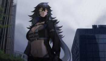 1girl bad_id bad_twitter_id belt black_coat blue_hair breasts building city closed_mouth cloud cloudy_sky coat crossed_bangs derivative_work giant giantess godzilla godzilla_(2014) godzilla_(series) hair_between_eyes higanbana_(fried_chicken) highres kaiju legendary_pictures long_hair long_sleeves midriff monster_girl monsterverse navel personification rain reference_work scales serious sky slit_pupils solo standing toho