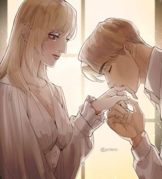 1boy 1girl annie_leonhart armin_arlert blonde_hair breasts cleavage closed_eyes collared_shirt couple hetero holding_hands jorlerx kiss kissing_hand long_hair looking_at_another medium_breasts parted_bangs shingeki_no_kyojin shirt short_hair twitter_username upper_body white_shirt window