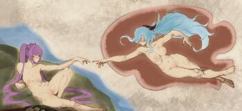 2girls absurdres blue_hair brashear_lushert breasts closed_mouth completely_nude fine_art_parody full_body ganyu_(genshin_impact) genshin_impact goat_horns highres horns keqing_(genshin_impact) knee_up large_breasts long_hair looking_at_another medium_breasts multiple_girls nipples nude outstretched_hand parody purple_hair pussy sitting the_creation_of_adam twintails uncensored