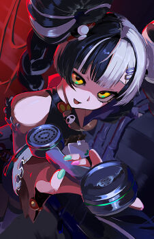 1girl absurdres aqua_nails bare_shoulders black_hair braid braided_twintails china_dress chinese_clothes commentary_request corded_phone cowboy_shot detached_sleeves dialyn_(zenless_zone_zero) dress from_above hair_ornament hairclip highres holding holding_phone id_card indoors kraken_bio long_hair looking_at_viewer multicolored_hair multicolored_nails necktie open_mouth phone pink_nails solo sparkling_eyes split-color_hair thighhighs white_hair white_thighhighs wire yellow_eyes yellow_necktie zenless_zone_zero