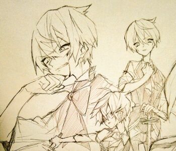 Rule 34 | 1boy, blood, clenched teeth, collared shirt, commentary request, ex (grimms notes), ex (original) (grimms notes), fingernails, grimms notes, hair between eyes, hand up, holding, holding sword, holding weapon, injury, looking at viewer, male focus, multiple views, neckerchief, parted lips, planted, shino (5no), shirt, short hair, standing, sword, teeth, traditional media, v-shaped eyebrows, vest, weapon