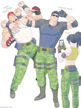 1girl 2boys absurdres adjusting_clothes adjusting_headwear bandana bare_shoulders black_hair blonde_hair blue_hair boots camouflage camouflage_pants cellphone clark_still combat_boots dog_tags fingerless_gloves gloves highres hitting holding holding_phone leona_heidern mature_male meme multiple_boys muscular muscular_male naoya_hitting_choso_without_looking_(meme) pants phone ponytail r_ytasl ralf_jones scene_reference slapping smartphone sunglasses taking_picture tank_top the_king_of_fighters the_king_of_fighters_xv yellow_tank_top