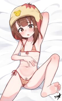 1girl absurdres armpits barefoot bikini boppin brown_eyes brown_hair cameltoe commentary commission female_pubic_hair flat_chest foot_out_of_frame front-tie_bikini_top front-tie_top hat highres iwakura_lain loli looking_at_viewer lying medium_hair navel on_back open_mouth pubic_hair red_bikini serial_experiments_lain side-tie_bikini_bottom soles solo striped_bikini striped_clothes swimsuit toes
