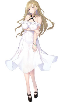 1girl arm_under_breasts bare_shoulders blonde_hair blush bracelet breasts choukou_(alicesoft) choukou_taisen_escalation_heroines cleavage covered_erect_nipples criss-cross_halter dress earrings full_body game_cg halter_dress halterneck highres holding_own_arm jewelry large_breasts long_hair looking_at_viewer mary_janes nanahara_fuyuki no_bra no_panties off-shoulder_dress off_shoulder official_alternate_costume official_art ring see-through_clothes see-through_dress shoes solo standing sundress tachi-e transparent_background utsumi_nodoka white_dress