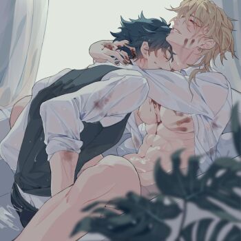 2boys bed bishounen black_nails blonde_hair blood blood_on_clothes blood_on_face blood_on_hands blue_hair closed_eyes cum cum_on_male dio_brando ear_birthmark earrings full_body highres ibex jewelry jojo_no_kimyou_na_bouken jonathan_joestar long_hair male_focus male_penetrated multiple_boys on_bed pectorals phantom_blood red_eyes sex smile vampire yaoi