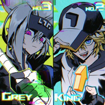 2boys adjusting_clothes adjusting_headwear aotu_world arrow_(symbol) baseball_cap black_gloves black_hat black_headband black_vest blonde_hair blue_eyes blue_shirt character_name chinese_commentary chromatic_aberration closed_mouth drawstring energy english_text fangs fighting_stance fingerless_gloves gloves glowing grey_(aotu_world) grey_hair hair_between_eyes hand_on_headwear hat headband highres holding holding_sword holding_weapon hood hood_down hoodie king_(aotu_world) looking_at_viewer male_focus multicolored_hat multicolored_hoodie multiple_boys open_mouth pointy_ears purple_eyes qige shirt short_hair smile split_screen sword teeth upper_body vest weapon white_hoodie yaoi