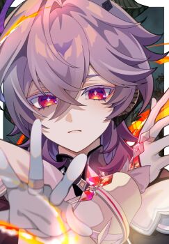 1boy black_horns border closed_mouth colored_eyelashes commentary crossed_bangs diamond-shaped_pupils diamond_(shape) gem genshin_impact gloves hair_between_eyes highres horns long_sleeves looking_at_viewer male_focus mandarin_collar medium_hair mini_durin_(genshin_impact) mini_durin_(human)_(genshin_impact) outside_border purple_hair red_eyes red_gemstone rei_(sss35_ss3) solo symbol-shaped_pupils white_border white_gloves