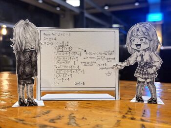 Rule 34 | breasts, crosshatching, english text, fins, fish tail, garter straps, gawr gura, hair ornament, hatching (texture), high heels, highres, holding, holding marker, hololive, hololive english, jacket, jqhnharqld, marker, math, medium breasts, monochrome, necktie, open mouth, pantyhose, paper child, papercraft (medium), pencil skirt, photo (medium), plaid clothes, plaid skirt, ponytail, shark girl, shark tail, skirt, smile, suit jacket, tail, tears, thighhighs, unconventional media, virtual youtuber, watson amelia, whiteboard