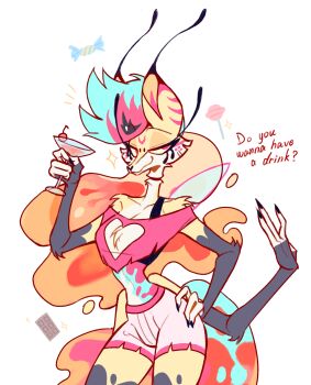 1girl absurdres beelzebub_(helluva_boss) crop_top flower fox_girl fox_tail furry furry_female hellaverse helluva_boss highres long_eyelashes long_hair looking_at_viewer multicolored_hair pink_shorts shorts solo tail white_flower yizhitianmenga