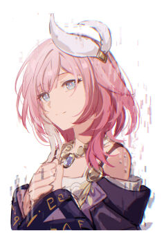 1girl bare_shoulders blue_eyes breasts coat commentary_request cyrene_(aedes_elysiae)_(honkai:_star_rail) cyrene_(honkai:_star_rail) dress glitch hair_ornament highres honkai:_star_rail honkai_(series) jewelry medium_hair multicolored_hair necklace pink_hair pink_pupils purple_coat simple_background small_breasts smile solo two-tone_hair upper_body white_background white_dress white_hair zassyoku_dd