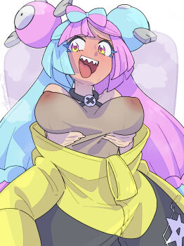 1girl absurdres aqua_hair bare_shoulders black_jacket blush bow-shaped_hair breasts character_hair_ornament collarbone commentary covered_erect_nipples double_bun fake_hair_bun full-face_blush gluten000000 grabbing_own_breast grey_shirt hair_bun hair_ornament highres iono_(pokemon) jacket jacket_partially_removed large_breasts long_hair long_sleeves looking_to_the_side multicolored_eyes multicolored_hair multicolored_jacket nintendo open_mouth pink_eyes pink_hair pokemon pokemon_sv see-through_clothes see-through_shirt sharp_teeth shirt sleeveless sleeveless_shirt smile solo split-color_hair star_(symbol) star_print sweat teeth tongue tongue_out two-tone_eyes two-tone_hair two-tone_jacket upper_teeth_only white_background yellow_eyes yellow_jacket