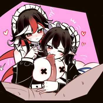 1boy 2girls absurdres alternate_costume black_choker black_hair black_sleeves blush breasts choker commentary_request cone_horns cooperative_paizuri cross cross_pasties detached_sleeves enmaided fellatio ffm_threesome group_sex handjob heart hetero highres horns houjuu_nue kijin_seija large_breasts licking licking_penis long_sleeves looking_at_viewer maid maid_headdress multicolored_hair multiple_girls one_eye_closed open_mouth oral paizuri pasties penis pointy_ears red_eyes red_hair shen_bi_ren_(user_rjgy2824) short_hair small_horns smile streaked_hair teamwork_(sexual) threesome touhou uncensored upper_body white_hair white_horns