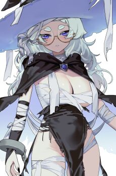 1girl bandaged_arm bandaged_leg bandages black_bridal_gauntlets blush breasts bridal_gauntlets budget_sarashi chest_sarashi cleavage glasses hat highres large_breasts long_hair meg_(wakamepiza) original pelvic_curtain purple_eyes round_eyewear sarashi solo thick_eyebrows wakamepiza white_hair witch witch_hat yellow-framed_eyewear