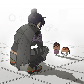 3girls apex_legends bangalore_(apex_legends) black_eyes black_footwear black_scarf blush bodysuit boots braid breasts brown_bodysuit brown_hair chibi from_behind hair_behind_ear hair_bun highres loba_(apex_legends) looking_down looking_up multicolored_hair multiple_girls scarf shadow single_hair_bun small_breasts twin_braids two-tone_hair usaginu wraith_(apex_legends)