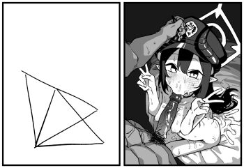 1boy 1girl asahina_yoshitoshi blue_archive blush breasts chiaki_(blue_archive) completely_nude cum cum_pool demon_horns double_v erection fellatio greyscale halo hat hetero horn_grab horns long_hair looking_at_viewer monochrome nipples nude oral peaked_cap penis sitting sketch small_breasts solo_focus uncensored v