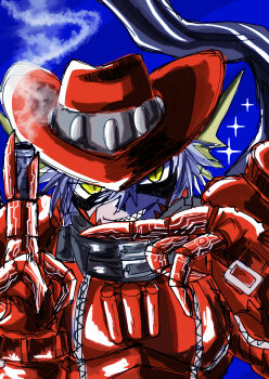 Rule 34 | absurdres, belt, cowboy hat, digimon, digimon (creature), hat, highres, magnakidmon, mask, pixiv user (117259342), sharp teeth, teeth