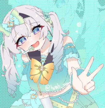 1girl aqua_shirt aqua_skirt black_collar blush bow bowtie collar firefly_(honkai:_star_rail) gradient_eyes gradient_hair green_pupils hair_bow hair_ornament highres honkai:_star_rail honkai_(series) hutaba_suzu long_hair multicolored_eyes multicolored_hair open_mouth orange_bow orange_bowtie pleated_skirt polka_dot polka_dot_background shirt skirt smile solo sweatdrop twintails v