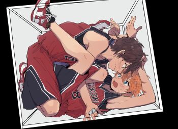 2boys akehoshi_subaru arms_up bandaged_fingers bandages blue_eyes blush boy_on_top brown_hair closed_mouth commentary_request ensemble_stars! full_body hair_between_eyes highres jersey leg_up male_focus mitobinyo morisawa_chiaki multiple_boys official_alternate_costume open_mouth orange_hair red_shorts shirt shoes short_hair shorts sleeveless sleeveless_shirt sneakers sportswear tank_top yaoi